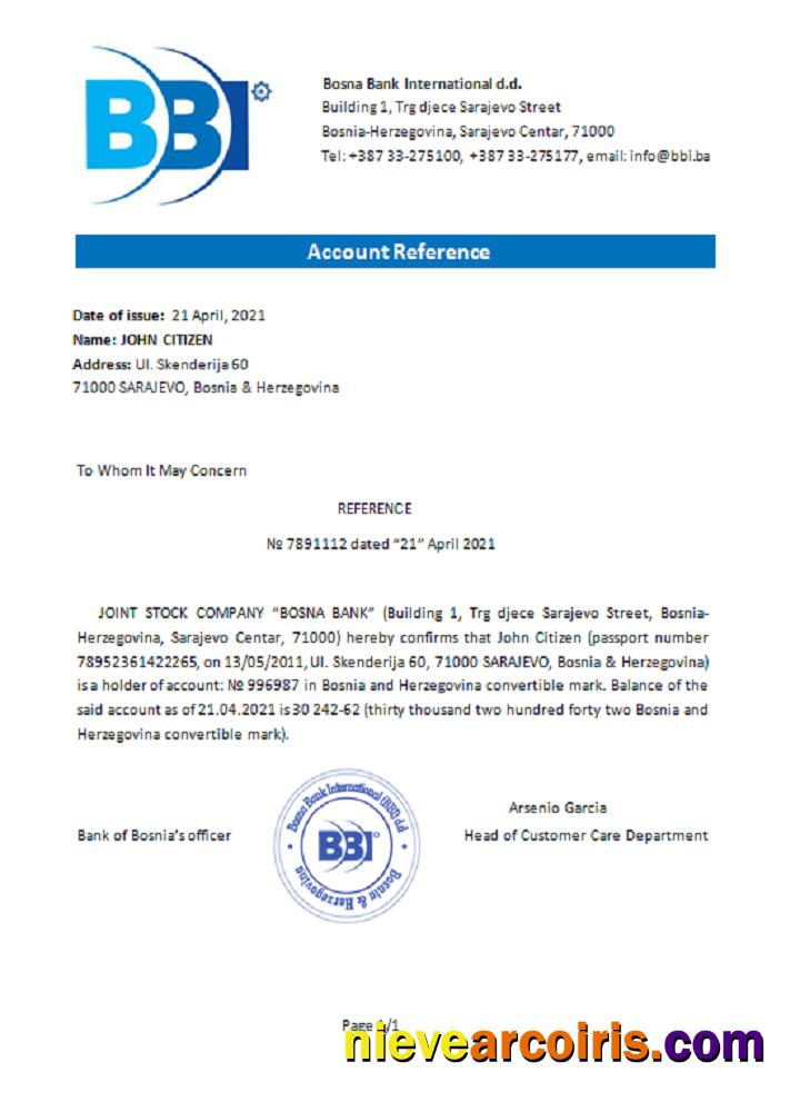 Bosnia and Herzegovina Bosna Bank Internat reference
